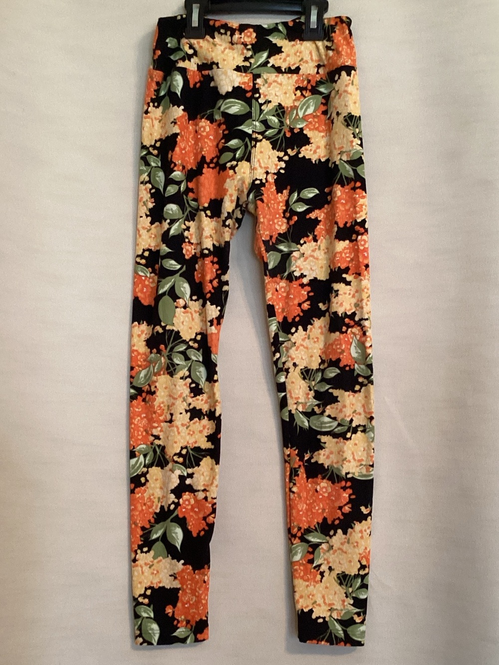 LuLaRoe Black Leggings with Orange and Cream Floral Print